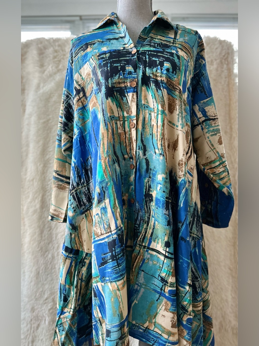 Asymmetrical Swing Dress in a Beautiful Blue Abstract Watercolors Palette - Picture 5 of 15
